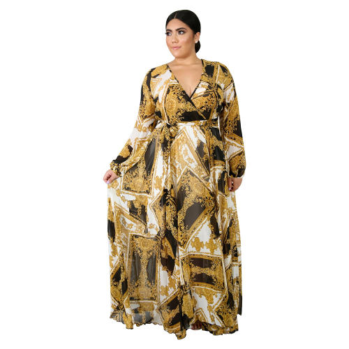 Fashion V-neck Flower Beach Dress Long Sleeve Chiffon Boho Dresses PQ5502