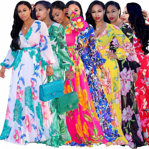 Fashion Big Swing Floral Print Maxi Dress Chiffon Summer Beach Dress PQ2216