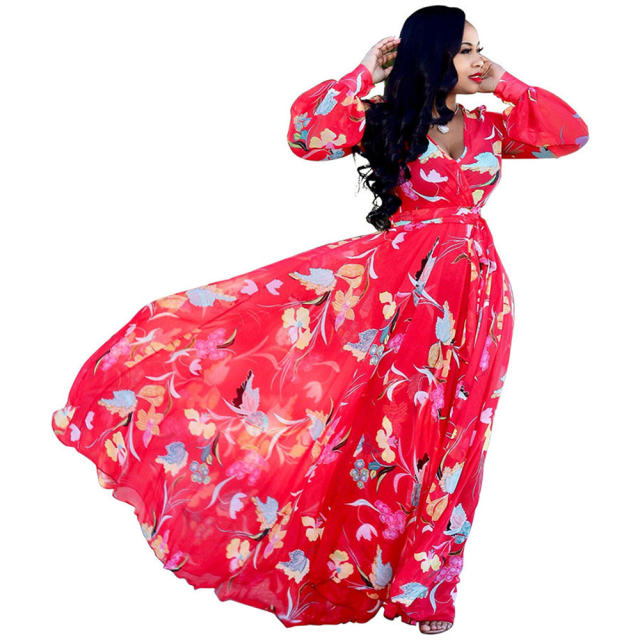 Floral Print Fashion Summer Beach Dress Chiffon Big Swing Maxi Dress PQ2210