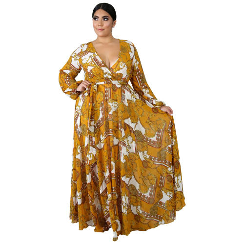 Long Sleeve Chiffon Boho Dresses Fashion V-neck Flower Beach Dress PQ5503