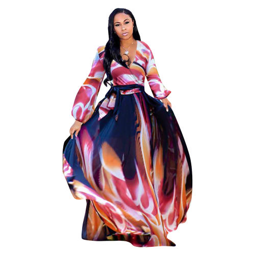 Digital Print Fashion Summer Beach Dress Chiffon Big Swing Maxi Dress PQ2222