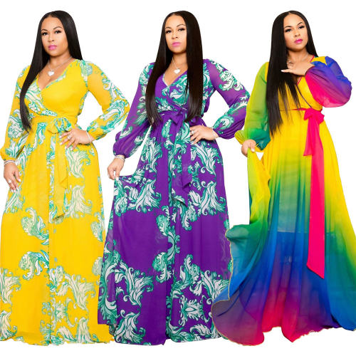Women Summer Fashion Maxi Dress Floral Printed Chiffon Dress PQ3302