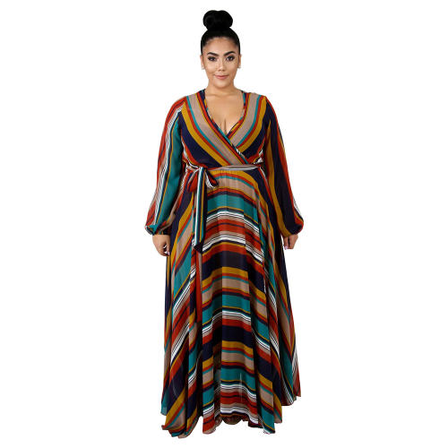 Long Sleeve Fashion Beach Dress V-neck Flower Chiffon Boho Dresses PQ5504