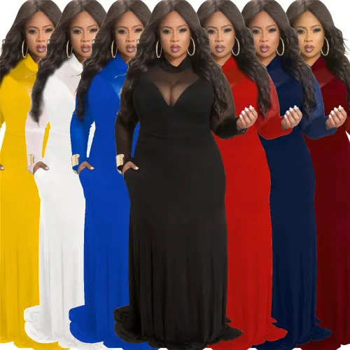 White High Neck Fashion Long Dresses Mesh Patchwork Plus Size Dress PQ3120A