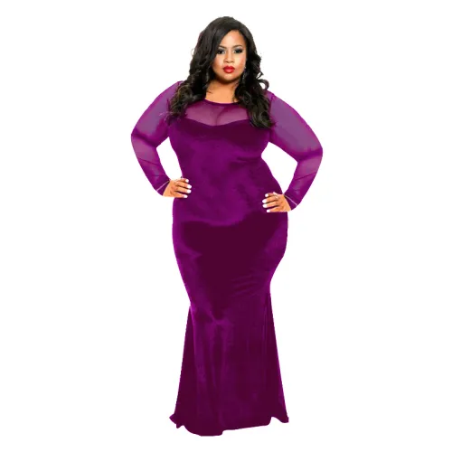 Purple Velvet Plus Size Dress Fashion Long Spring Dresses PQ3220B