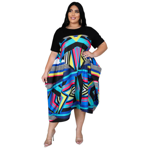 Blue Colorful Print Casual Dress Irregular Plus Size Summer Dresses PQDZ02A