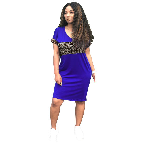 Blue V-neck T-shirt Dress Summer Leopard Prnt Casual Dresses PQSD041K