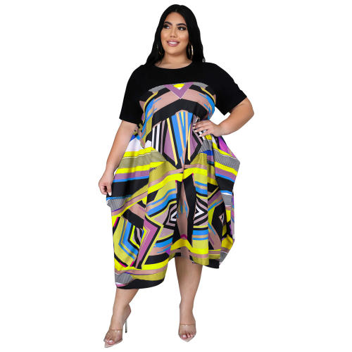 Yellow Colorful Print Casual Dress Irregular Plus Size Summer Dresses PQDZ02B