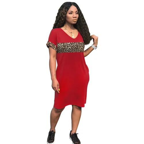 Red Summer Leopard Prnt Casual Dresses V-neck T-shirt dress PQSD041C