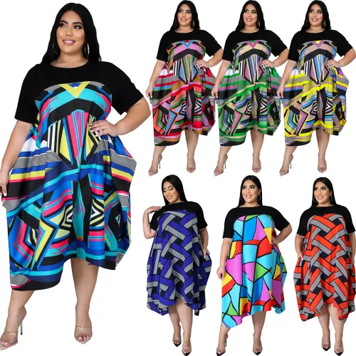 Yellow Colorful Print Casual Dress Irregular Plus Size Summer Dresses PQDZ02B