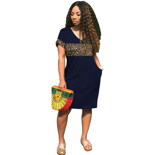 Dark Blue Summer Leopard Prnt Casual Dresses V-neck T-shirt dress PQSD041G