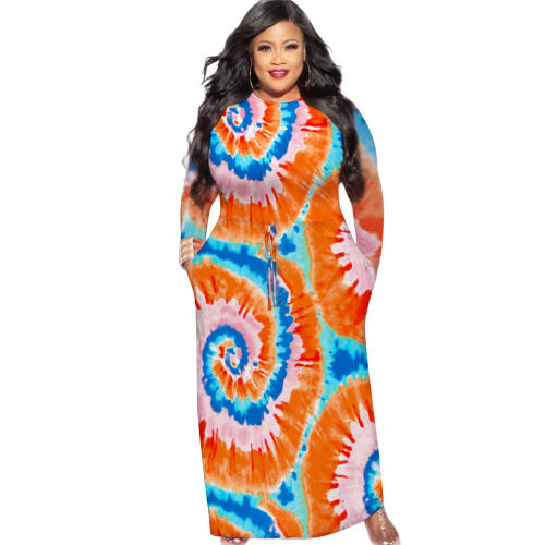 Red Tie-dyed Plus Size Dress Fashion Long Sleeve Maxi Dresses PQ1064A