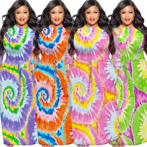 Red Tie-dyed Plus Size Dress Fashion Long Sleeve Maxi Dresses PQ1064A