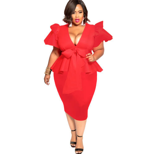 Red Plus size Summer Dress Fashion Bow Short Sleeve Midi Dress PQ1062C
