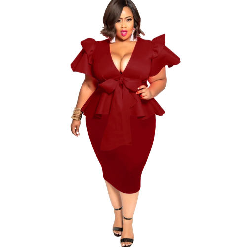 Wine Red Fashion Bow Short Sleeve Midi Dress Plus size Summer Dress PQ1062G
