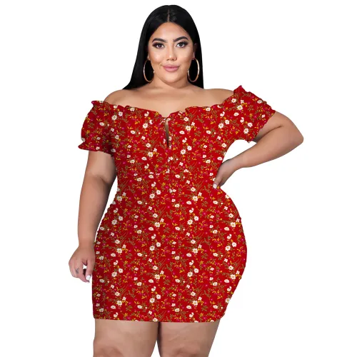 Red Knitted Off-shoulder Plus Size Dress Sexy Nightclub Dress PQ1076A