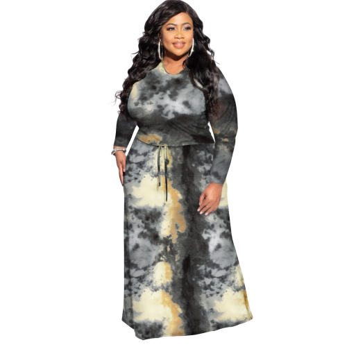 Black Fashion Long Sleeve Maxi Dresses Tie-dyed Plus Size Dress PQ1063A