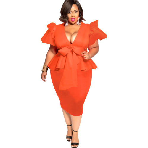 Orange Plus size Summer Dress Fashion Bow Short Sleeve Midi Dress PQ1062A