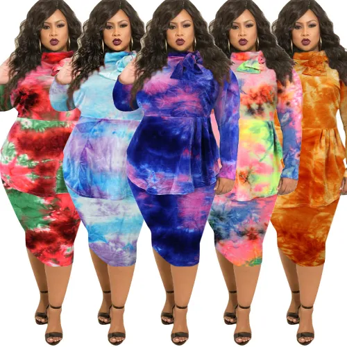 Blue/Purple Long Sleeve Plus Size Midi Dress Tie-dye Print Winter Dresses PQ1553G