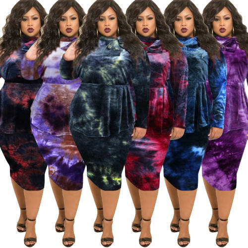 Blue Tie-dye Print Dress Long Sleeve Plus Size Midi Dress PQ1553A