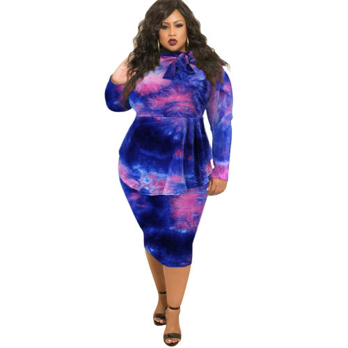 Blue/Purple Long Sleeve Plus Size Midi Dress Tie-dye Print Winter Dresses PQ1553G