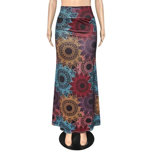 High Waist Geometric Print Maxi Skirt Women Long National Skirt PQ9457