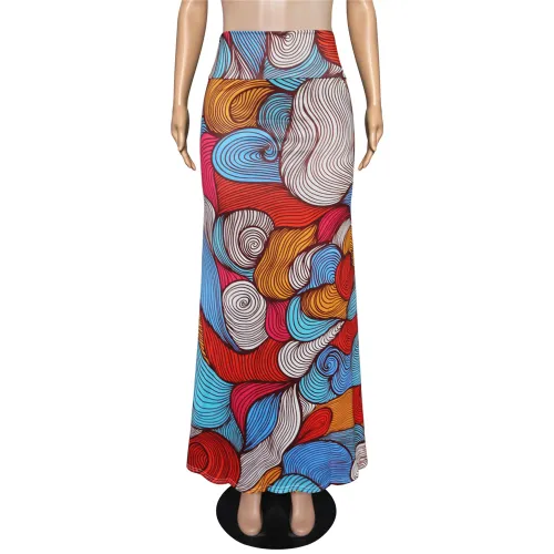 Women Geometric Long Skirt National High Waist Digital Print Skirt PQ9455