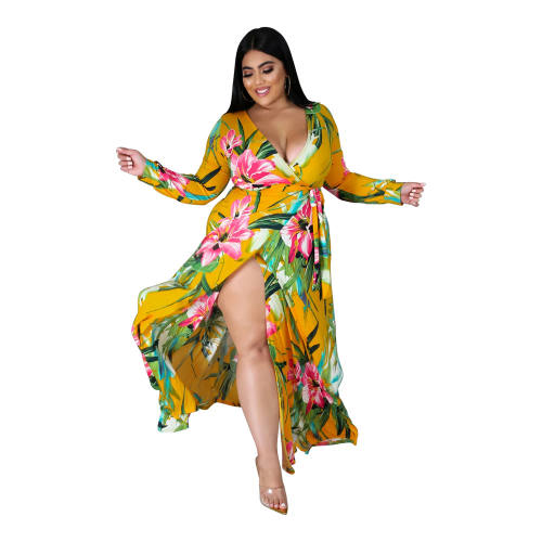 Yellow V-neck Split Casual Dress High Waist Long Maxi Dresses PQ1090A