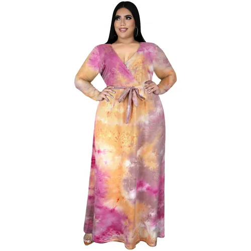 V-neck Tie-dyed Casual Boho Dress High Waist Maxi Dresses PQ3323