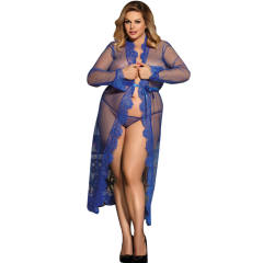 Blue Plus Size Lingerie Women Lace Gown Sexy Sheer Mesh Nightdress PQ80507C