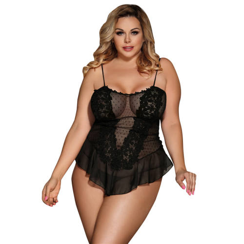 Black Sexy Lace Nightdress Plus Size Sleepwear Female Babydoll Lingerie PQ80485A