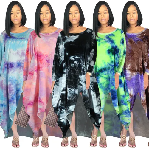 Pink Flannel Tie-dye Fashion Dresses Long Sleeve Irregular Dress PQSD027A