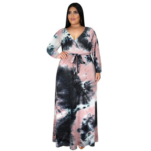Tie-dyed V-neck Boho Dress High Waist Casual Maxi Dresses PQ3325
