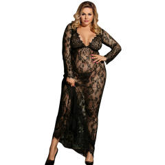 Black Plus Size Lingerie Sexy Sheer Nightdress Female Lace Gown PQ80497A