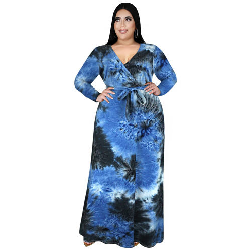 High Waist Maxi Dresses V-neck Tie-dyed Casual Boho Dress PQ3321