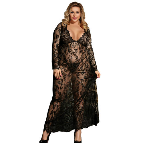 Black Plus Size Lingerie Sexy Sheer Nightdress Female Lace Gown PQ80497A