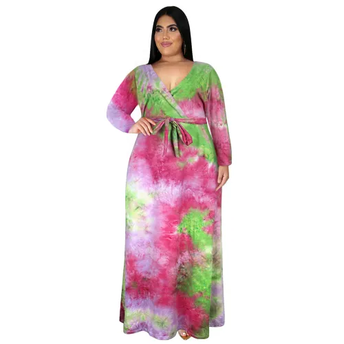 Fashion Tie-dyed V-neck Maxi Dresses High Waist Casual Boho Dress PQ3327