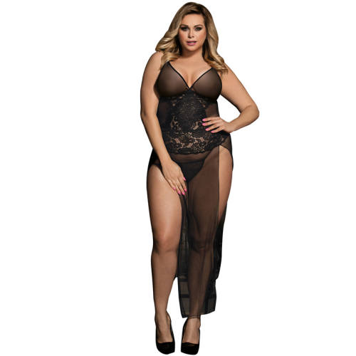 Plus Size Lingerie Female Lace Gown Sexy High Split Nightdress PQ80441