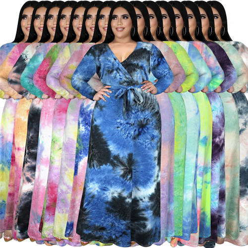 Tie-dyed V-neck Casual Boho Dress High Waist Maxi Dresses PQ3324