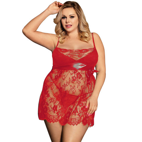 Red Plus Size Sleepwear Oversize Babydoll Lingerie Sexy Lace Nightdress PQ80456C BD-01AW