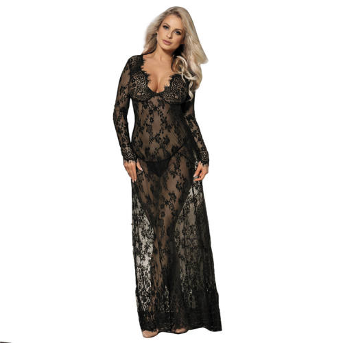 Black Sexy Sheer Nightdress Plus Size Lingerie Female Lace Gown PQ80497A