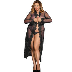 Blue Plus Size Lingerie Women Lace Gown Sexy Sheer Mesh Nightdress PQ80507C