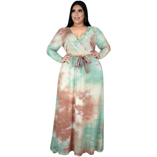 Tie-dyed V-neck Casual Boho Dress High Waist Maxi Dresses PQ3324