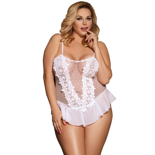 White Sexy Lace Nightdress Plus Size Sleepwear Female Babydoll Lingerie PQ80485B