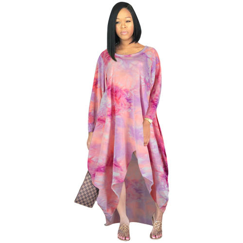 Pink Flannel Tie-dye Fashion Dresses Long Sleeve Irregular Dress PQSD027A