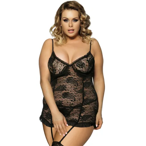 Black Sexy Oversize Sleepwear Women Plus Size Lace Babydoll Lingerie PQ7296A