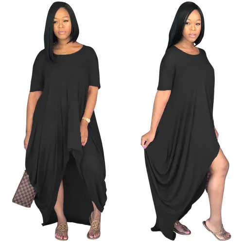 Solid Color Irregular Maxi Dresses Short Sleeve Boho Dress PQSD107A