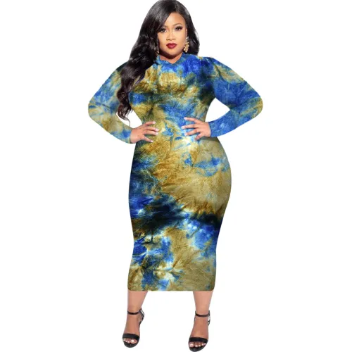 Yellow/Blue Plus Size Casual Dress Tie-dye Autumn Midi Dress PQSD040D