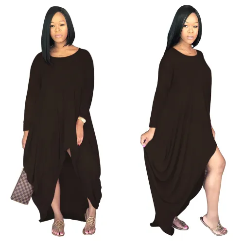 Long Sleeve Boho Dress Solid Color Irregular Maxi Dresses PQSD107B
