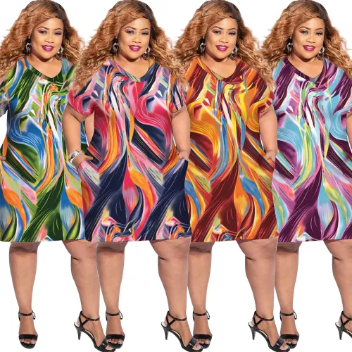 Red Fashion V-neck Casual Dresses Abstract Print Plus Size Dress PQ0036A